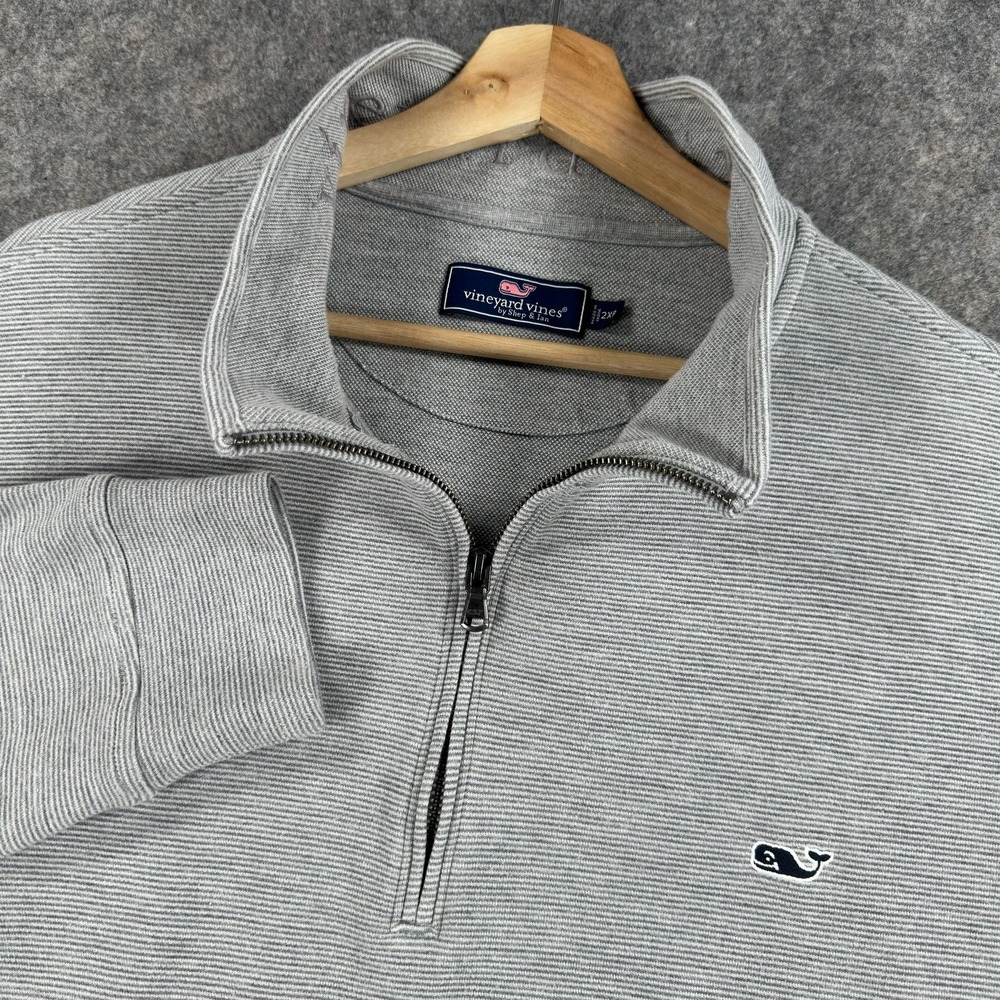 Vineyard Vines Sweater Mens 2XB Big 2X Gray Striped 1/4 Zip Mock Neck Logo